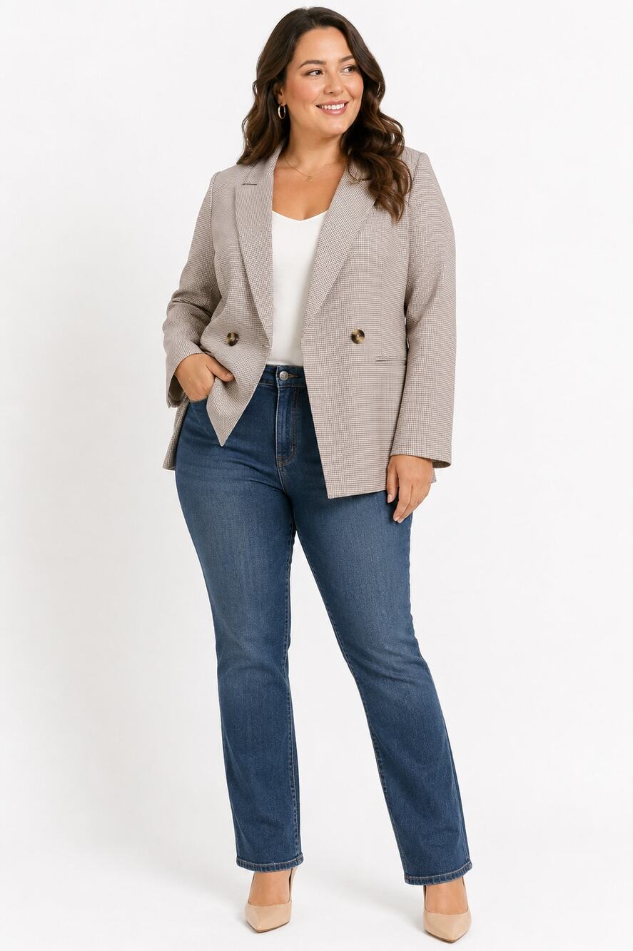Rachel Zoe Double-Breasted Blazer Micro Check Neutral Stretch XL NWT